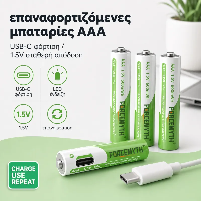 Επαναφορτιζόμενες μπαταρίες λιθίου AAA, 1.5V με θύρα USB