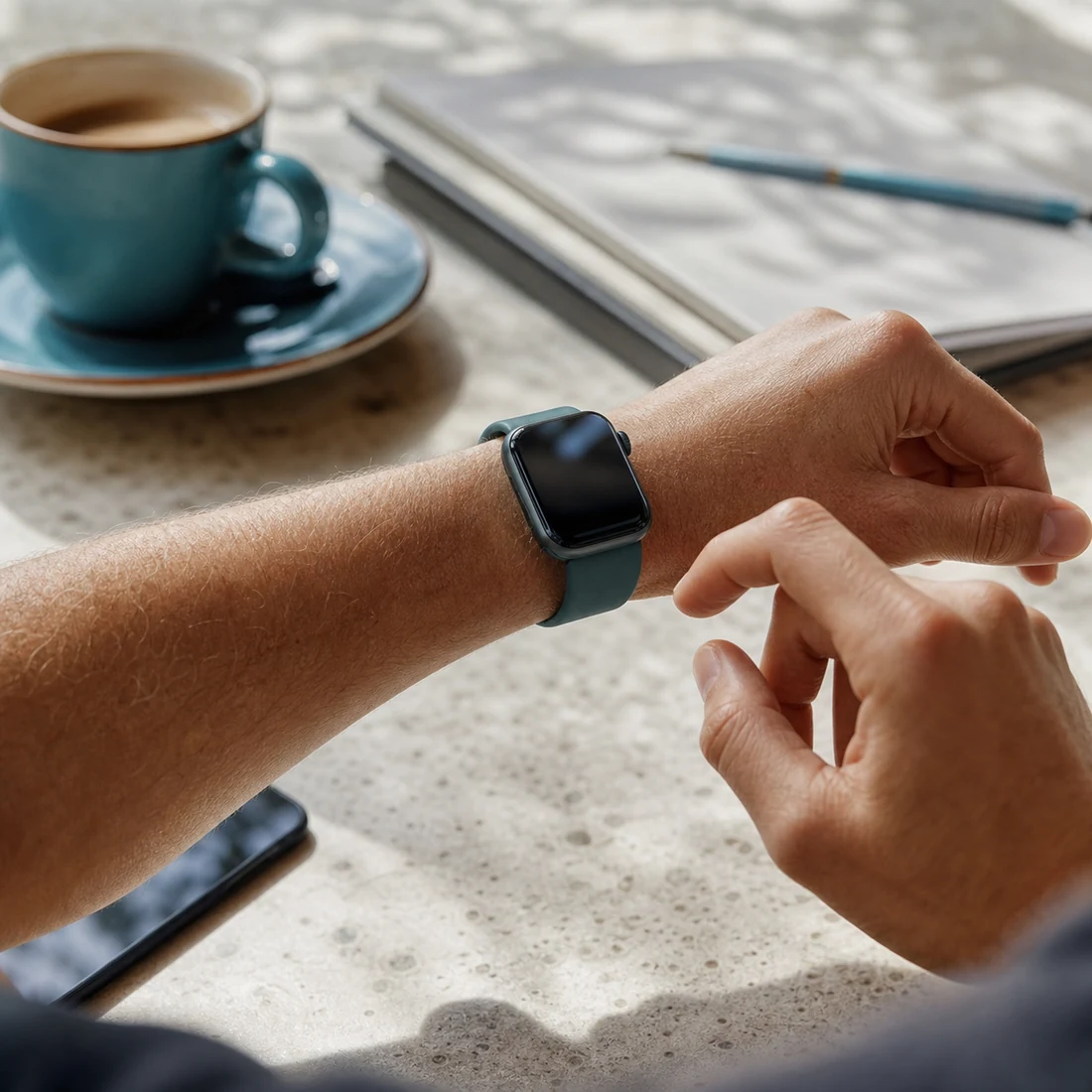 Χέρι με smartwatch σε φωτεινό καθημερινό περιβάλλον