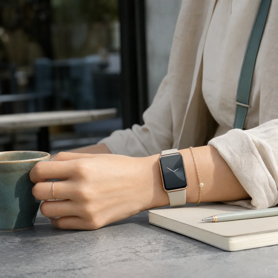 Γυναίκα με κομψό smartwatch σε αστικό περιβάλλον